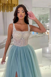 Beautiful Spaghetti Strap Blue Square Beaded A-Line Sleeveless Floor-Length Tulle Evening Dresses With Slit